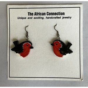 The African Connection African Handcrafted/Hand Painted Red Robin Wood Earrings.